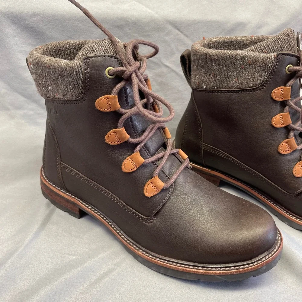 LL Bean Stonington Boots Women 8.5 Dark Brown Leather Sweater Fleece Knit TEK2.5